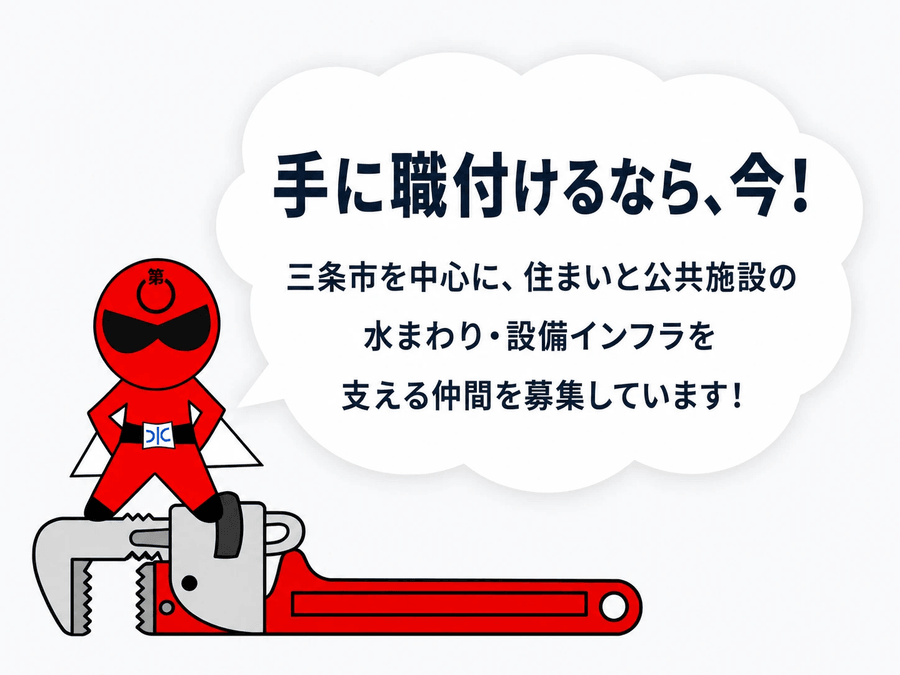 手に職付けるなら、今!三条市を中心に、住まいと公共施設の水まわり・設備インフラを支える仲間を募集しています!
